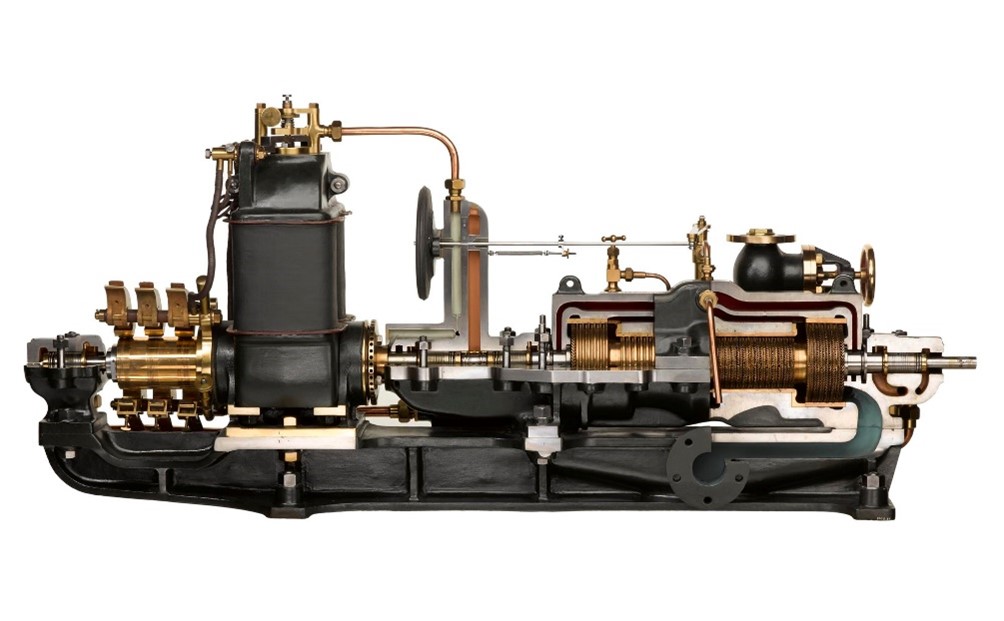 A cross-section of a photo image of a Parsons' turbo-generator.