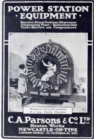 A black and white poster, printed in the 1920s with a heavy black border titled: Power Station Equipment. In the middle of the poster is a photo of a woman working on the insulation of a large electric alternator.