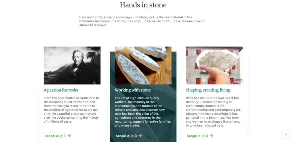 A screenshot of a website that depicts The Hands in Stone gallery in the Museums of the Dolomites – Laboratory of Stories.