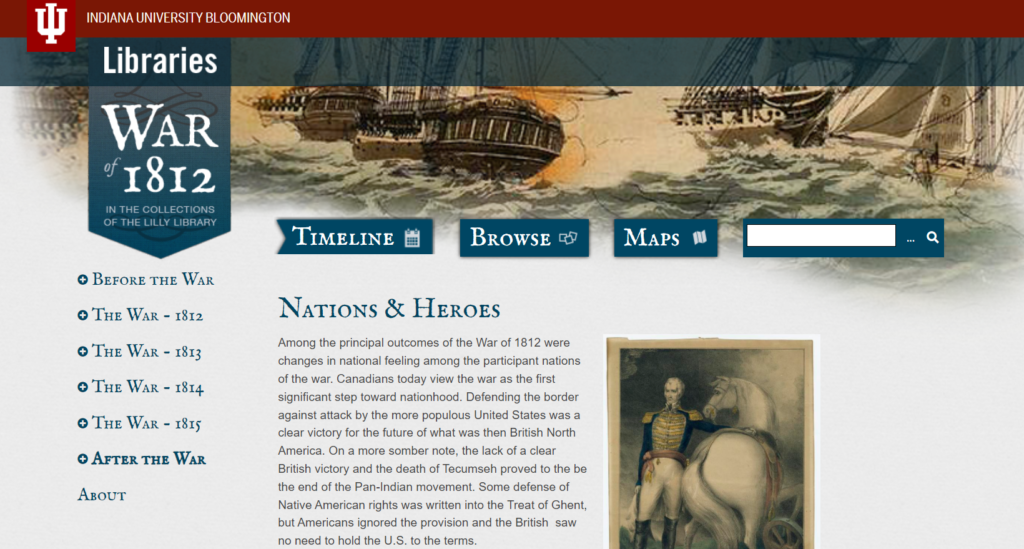 A screenshot of the online exhibition website with the words 'War of 1812' as the header.