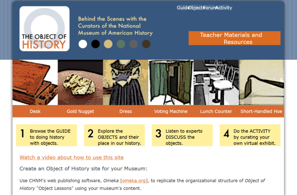 A screenshot of the The Object of History tool website developed by the Smithsonian National Museum of American History's using Omeka.