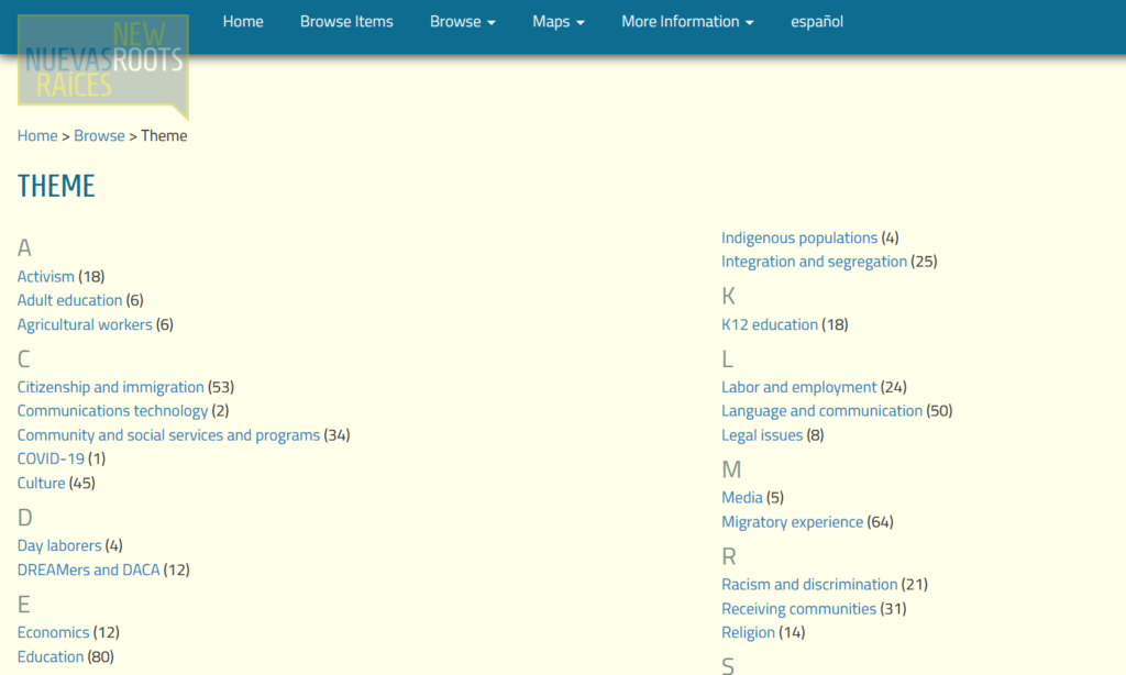 A screenshot of a list of terms, part of the controlled vocabulary, of the New Roots archive.