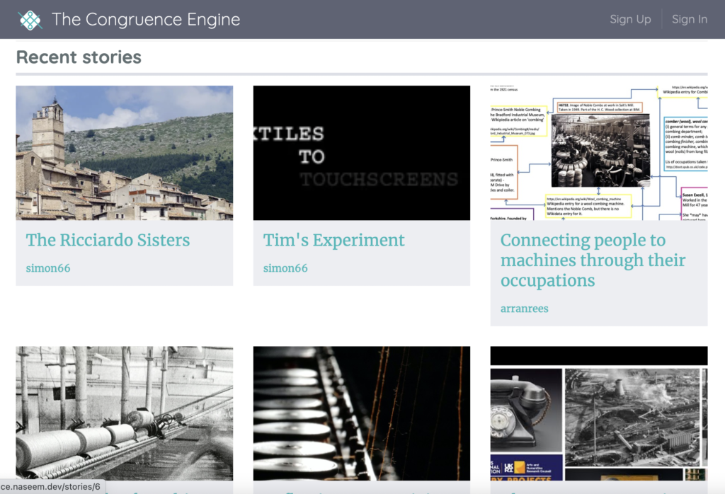A screenshot of the experimental Yarn site for Congruence Engine, each of the titles are a different branch of investigation, listed under the tab 'recent stories'.. 