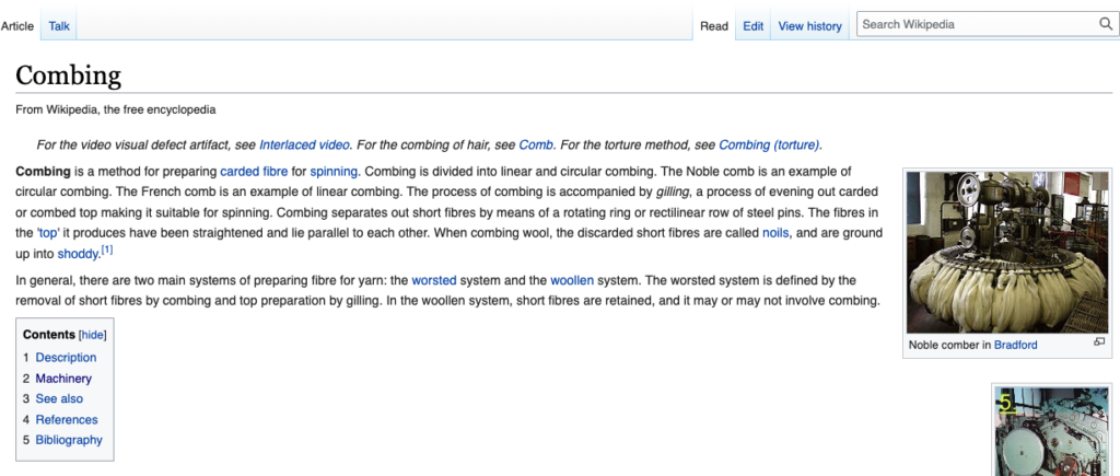 A screenshot of the Wikipedia entry for combing.
