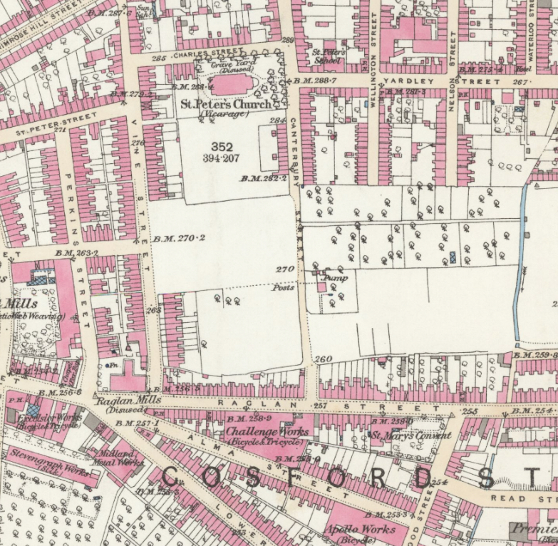 HISTORICAL MAP SHEET SHOWING DETAIL OF COVENTRY INDUSTRIAL AREA INCLUDING FEWER BICYCLE WORKSHOPS AND FACTORIES
